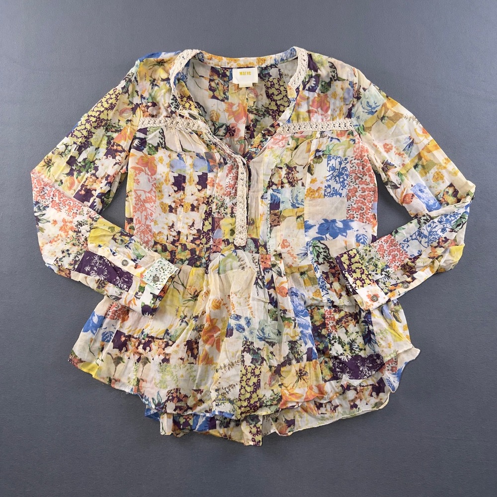 Maeve Anthropologie Abella Blouse Patchwork Floral Peplum Cotton Top Size 2
